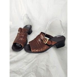 Square Heel Open Toe Leather Woven‎ Upper Shoes Women’s Size 8.5 Brown Buckle
